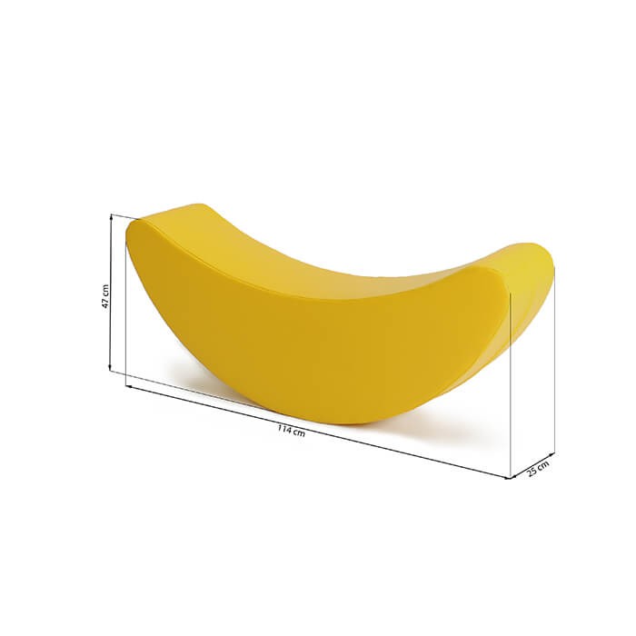 child demonstrating how to use the iglu yellow banana foam rocker toy