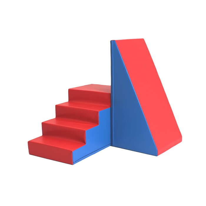 a child's joyful laugh while sliding down the vibrant blue and red iglu foam slide