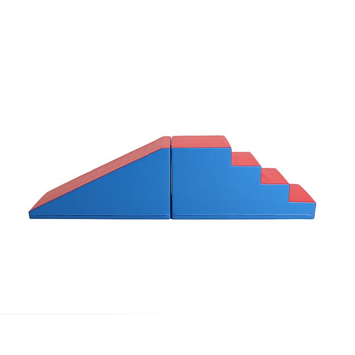 a soft blue and red foam step and slide set in a cozy nursery corner