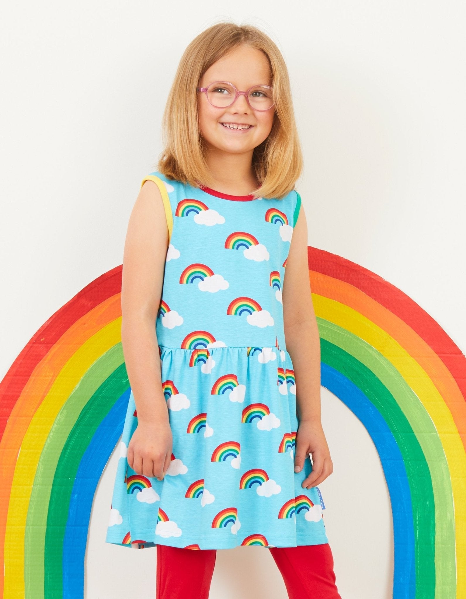 Organic Turquoise Rainbow Print Summer Dress for Kids