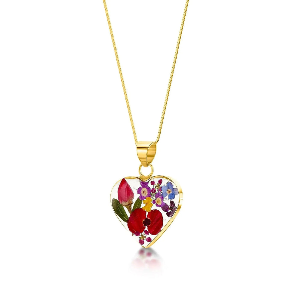 Sterling Silver Heart Pendant Necklace with Real Preserved Flowers