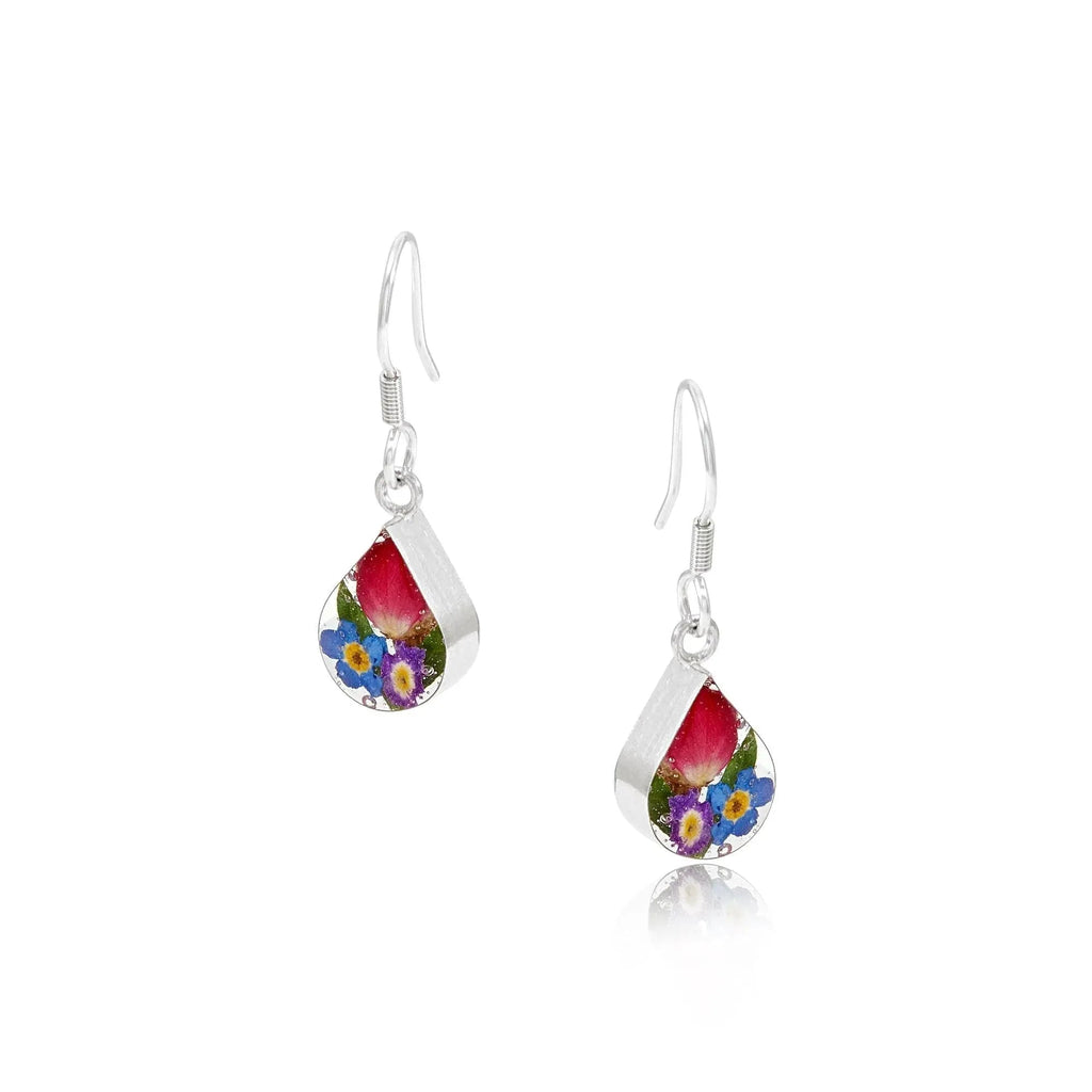 Sterling Silver Teardrop Dangle Earrings with Real Flowers