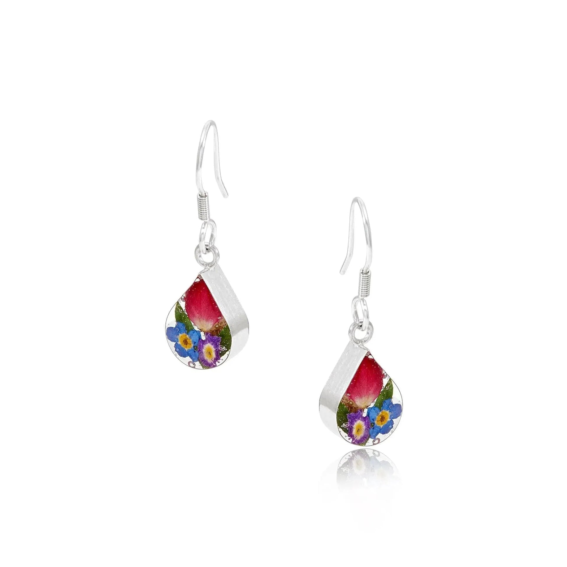 Sterling Silver Teardrop Dangle Earrings with Real Flowers