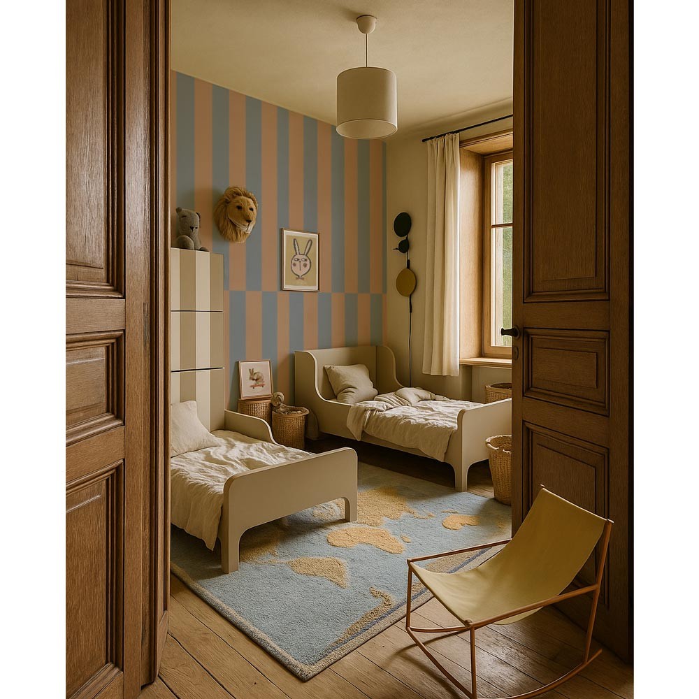 bold blue grey striped wallpaper panel with a dramatic reversed stripe effect for a modern accent wall