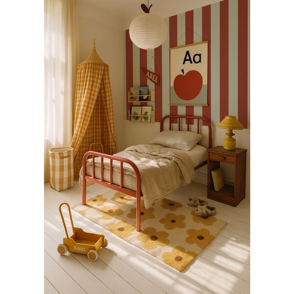 bold blue and burgundy striped wallpaper for a vibrant kids room decor