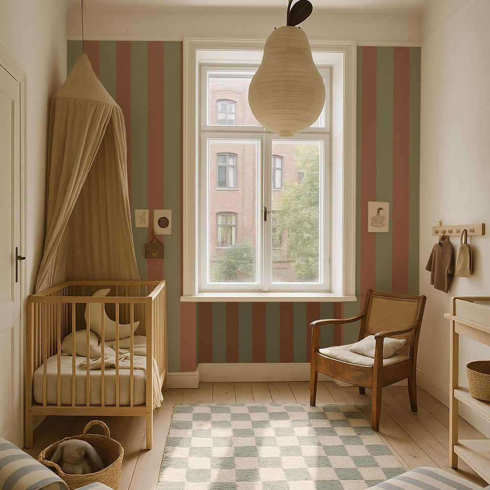 bold green and brown striped wallpaper in a modern living room with dramatic lighting