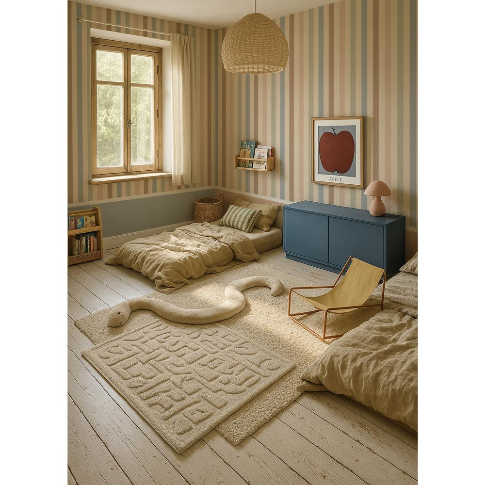 soft beige and cream striped wallpaper creating a serene and comforting nursery atmosphere