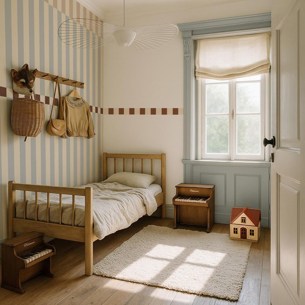 bold close-up of blue and beige nostalgic stripes wallpaper with a confident vintage wave pattern