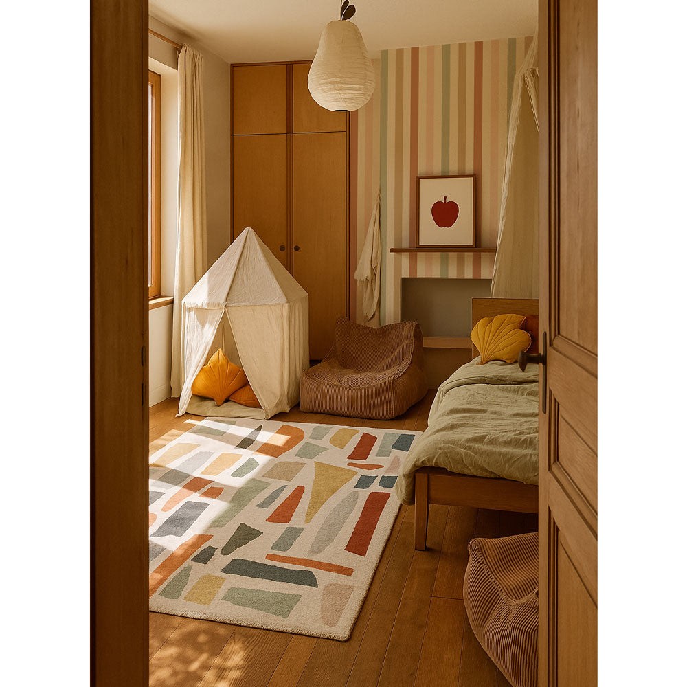 soft beige and warm stripe wallpaper sample in a softly lit kids room