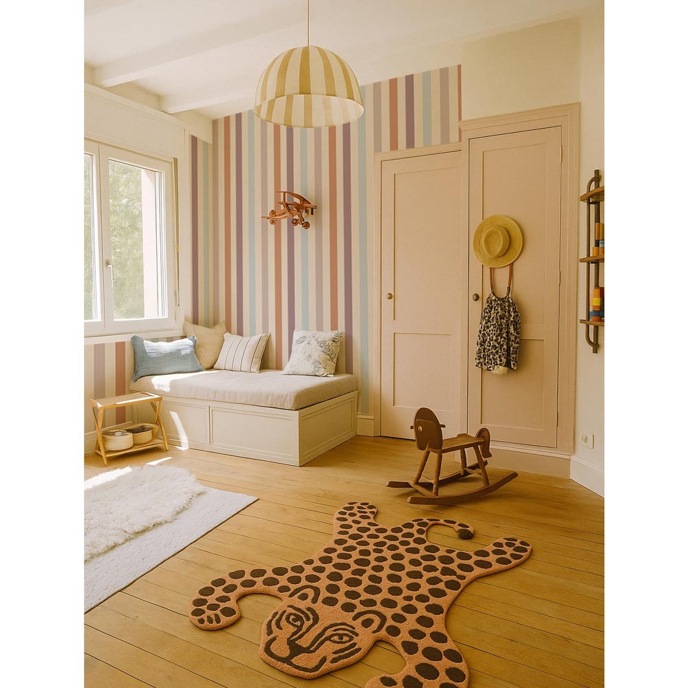 confident close-up of cozy stripes wallpaper in warm sunset hues on a soft beige background