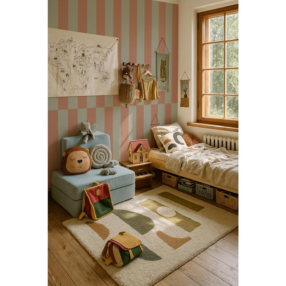 bold green and brown upside down striped wallpaper creating a dramatic paneled effect