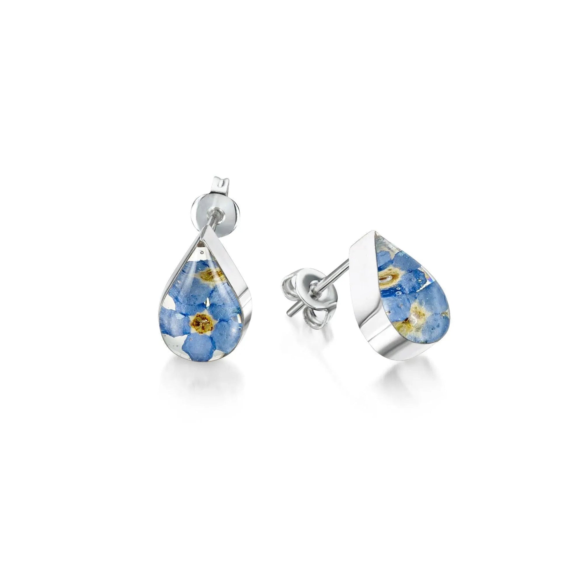 Real Forget-me-not Teardrop Stud Earrings in Sterling Silver