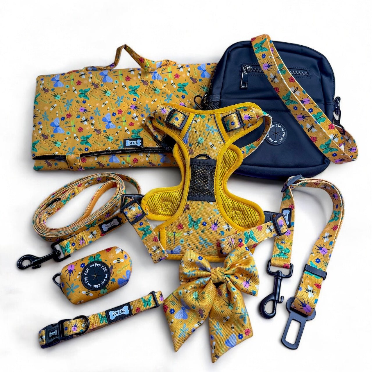 Summer Buzzin Yellow Insect Print No Pull Dog Harness, Adjustable Step In XS to XL