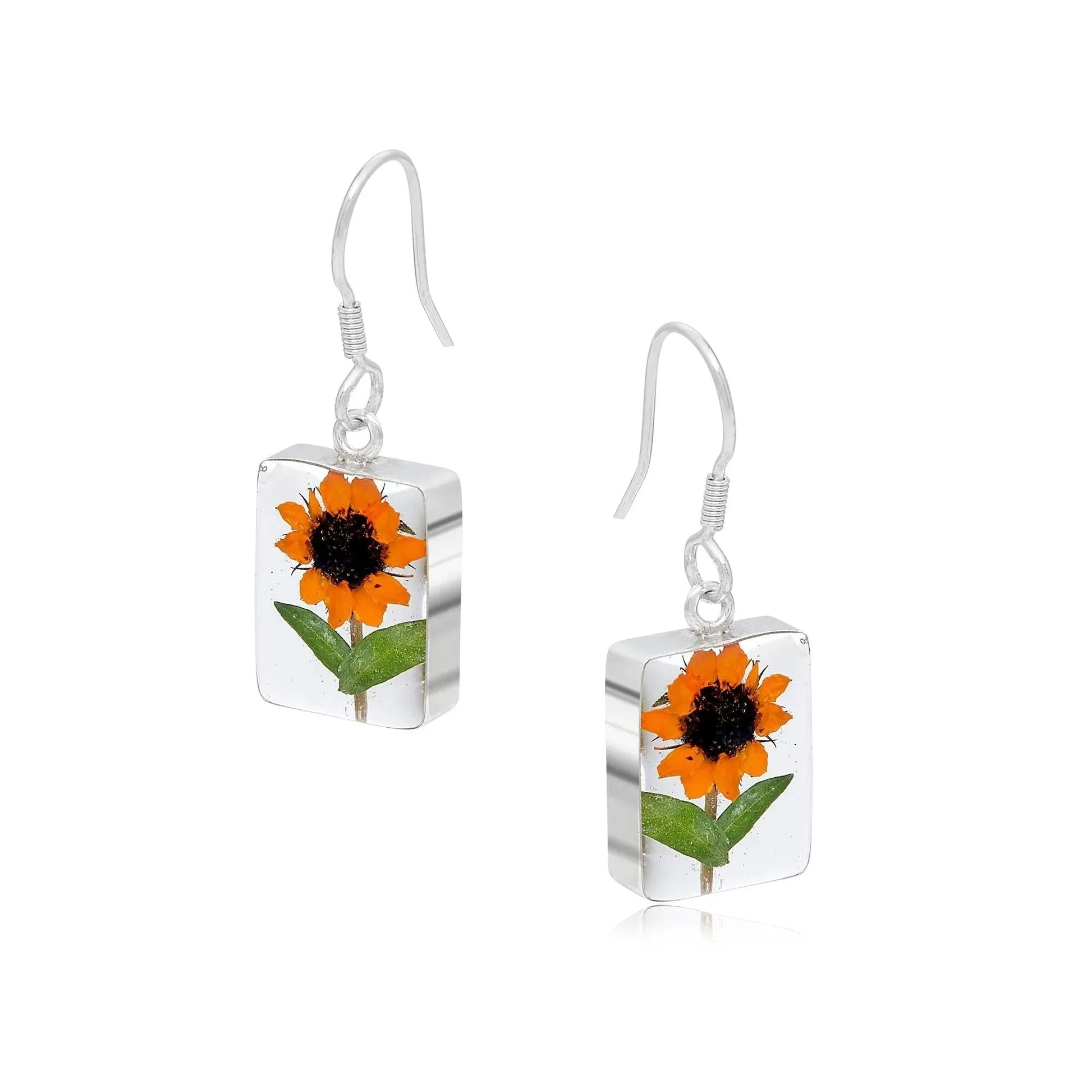 Sterling Silver Sunflower Dangle Earrings with Real Flowers
