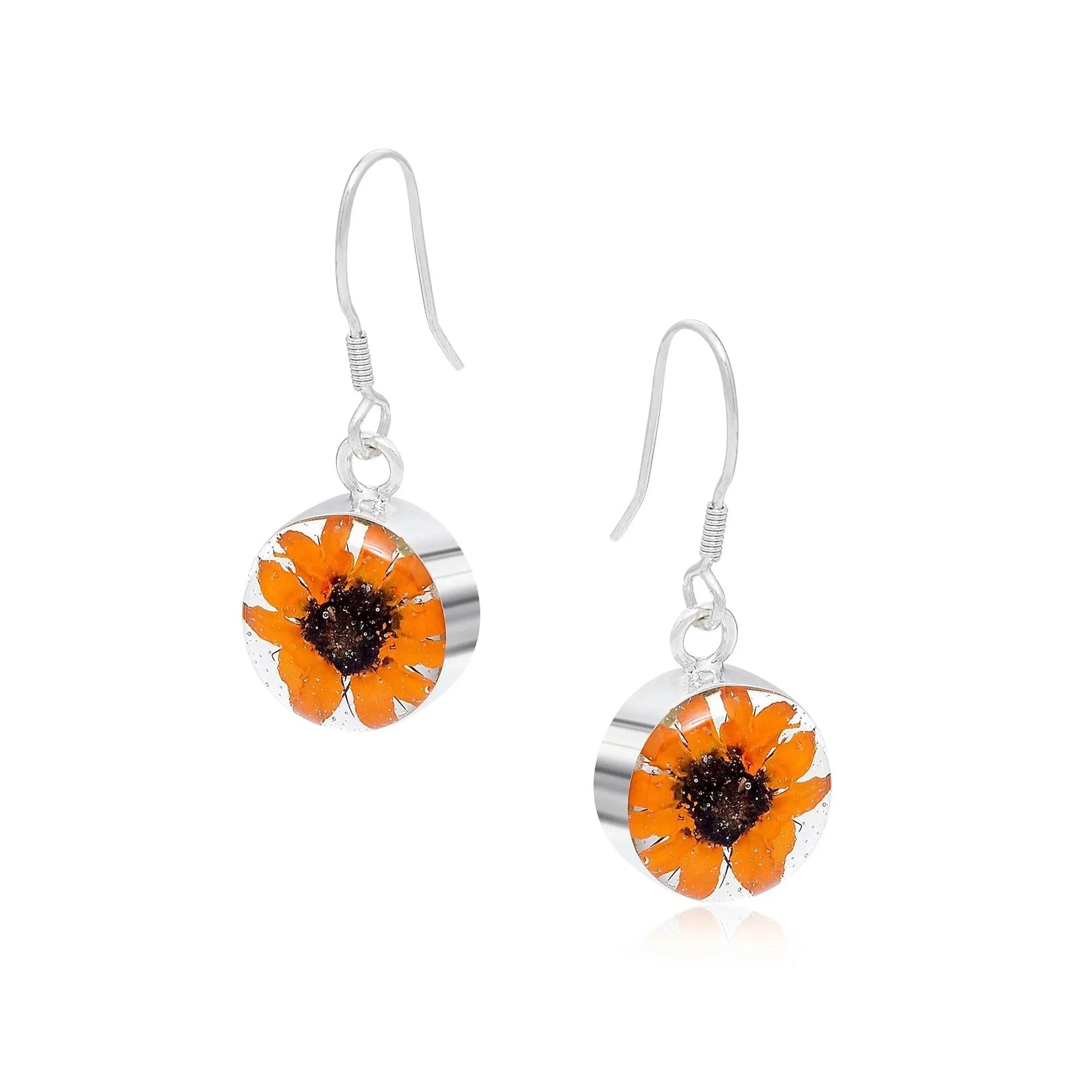 Sterling Silver Sunflower Dangle Drop Earrings with Real Flowers