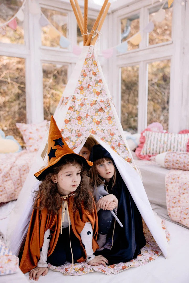 elegant green garden teepee tent with floral print, pine poles, and curtained window for imaginative play