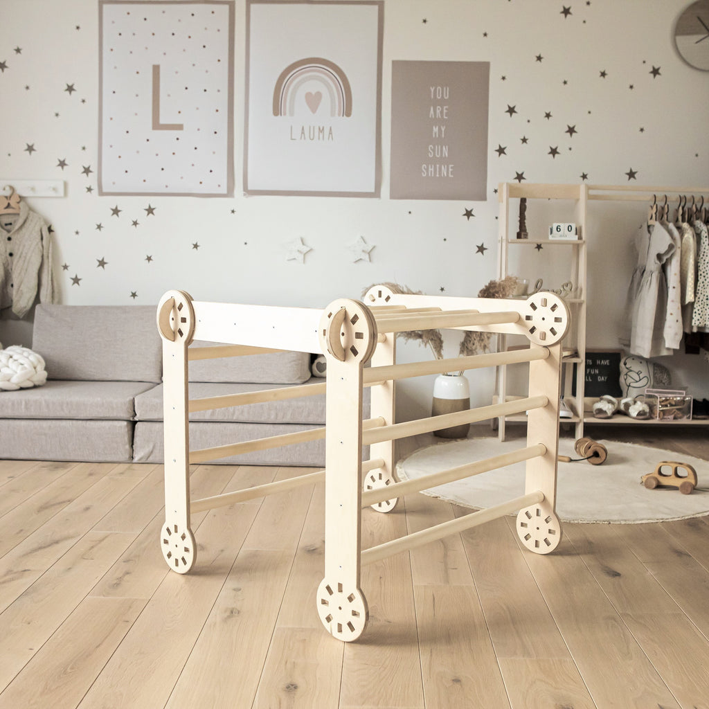 a soft-lit child playing on a montessori climber in a cozy nursery, building confidence