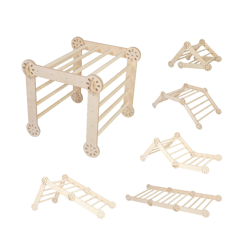 montessori climber in a bright playroom, a child's hand reaching for the top rung