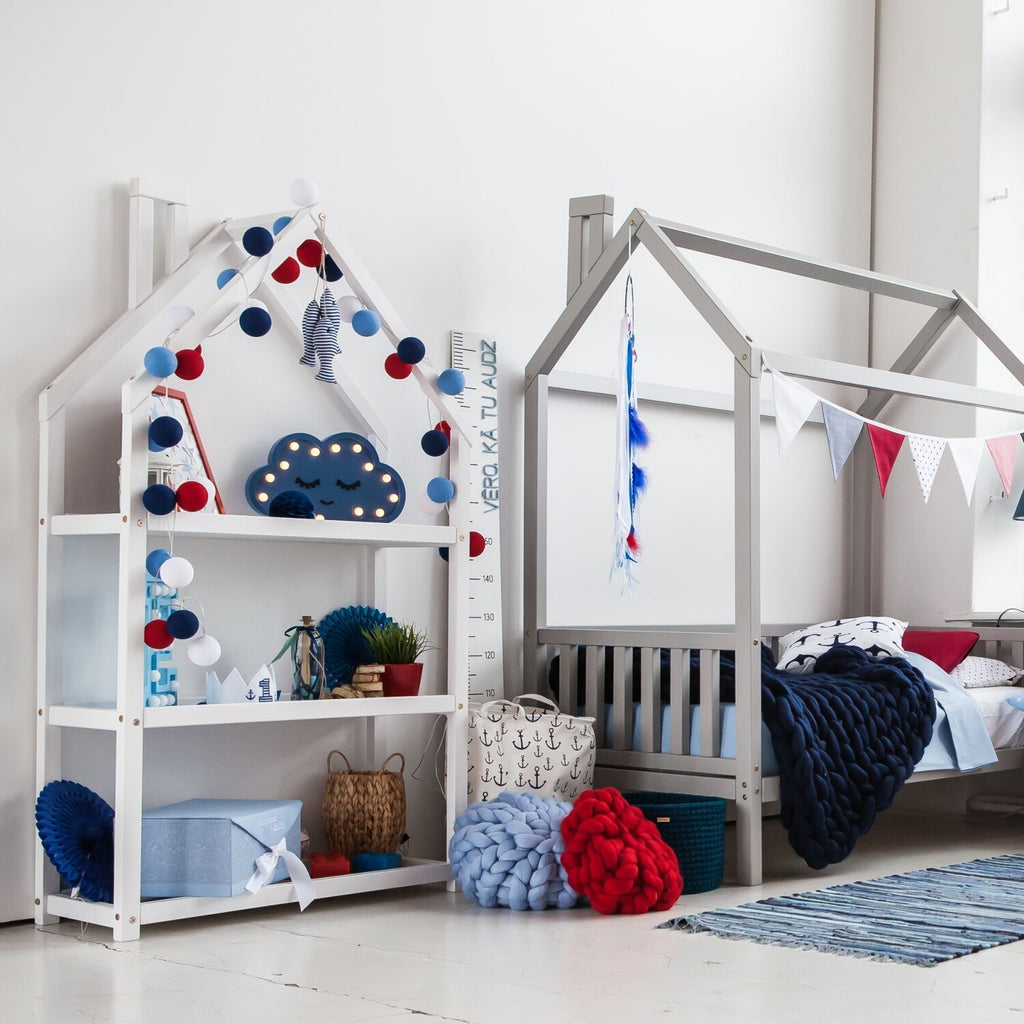playful birch house shelf in a sunny nursery filled with colorful books and toys