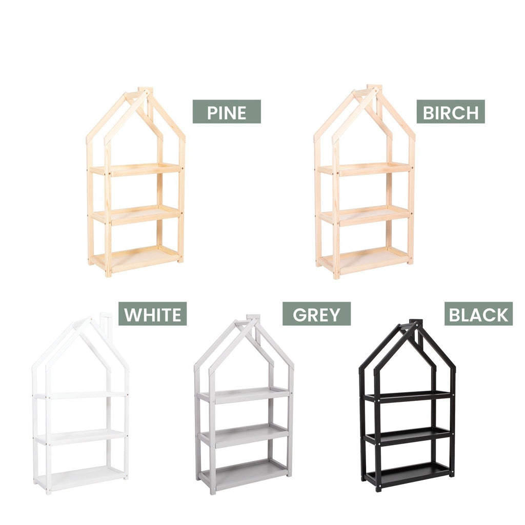 white house-shaped kids shelf with toys and books in a sunny nursery, playful and functional montessori design