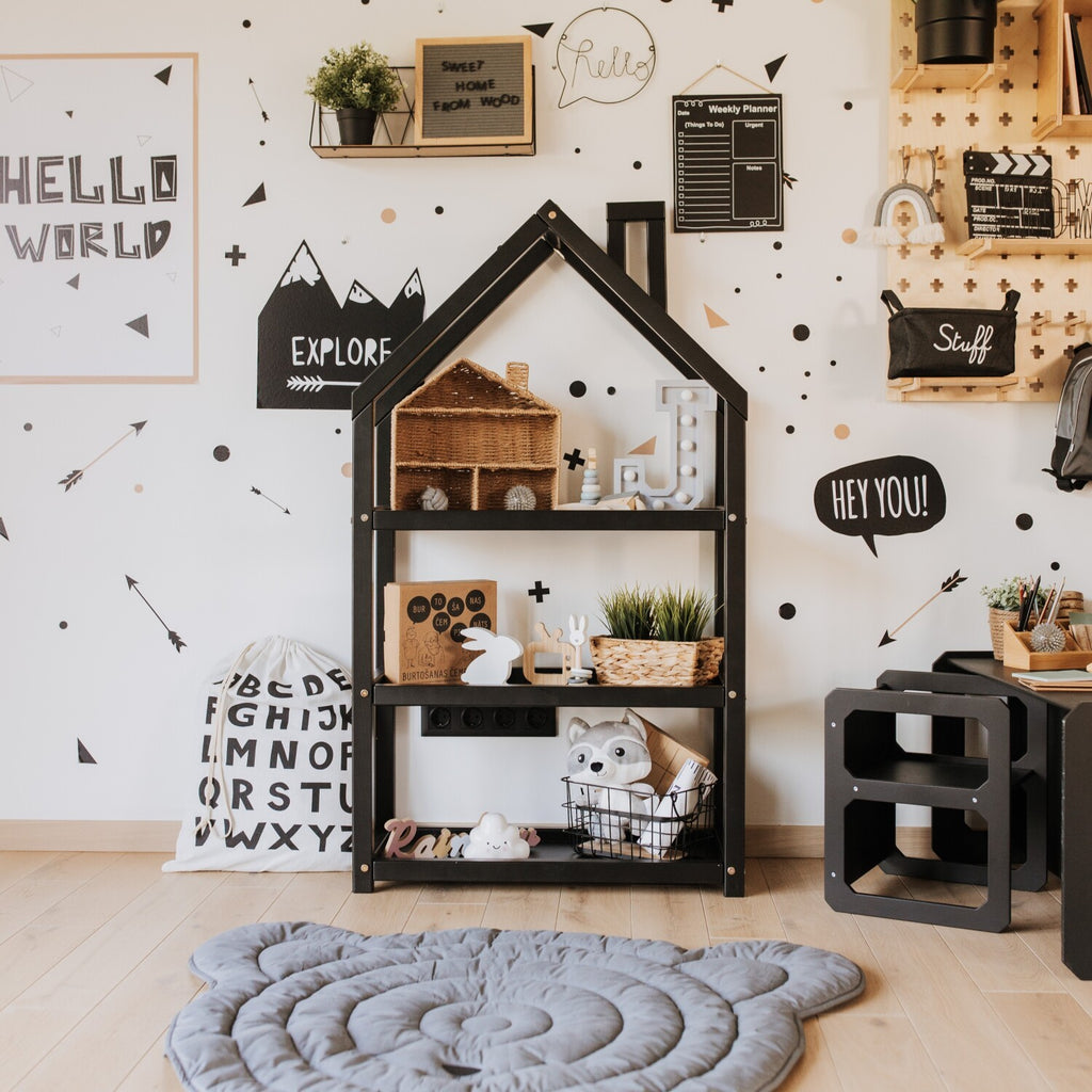 bold and confident solid pine house-shaped montessori shelf for kids room organization