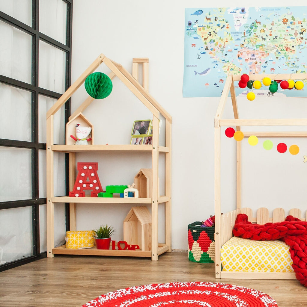 functional house-shaped kids shelf in natural birch with clean lines and spacious toy storage