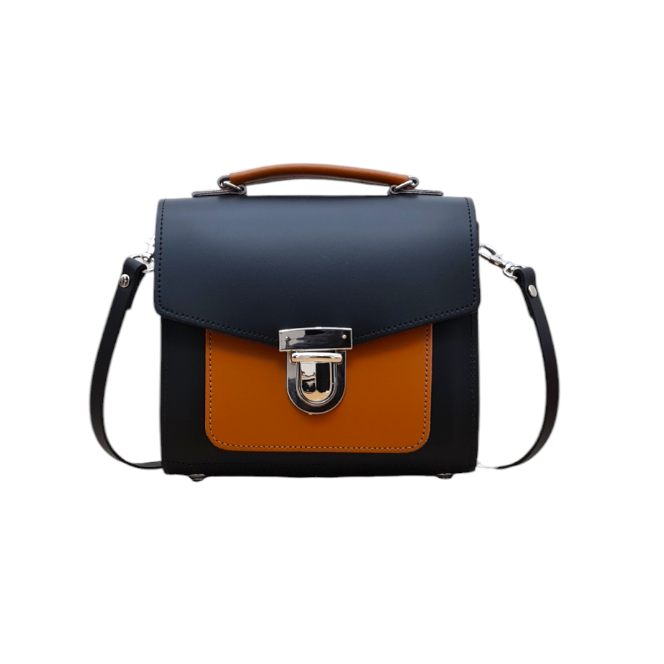 Handmade Leather Two Tone Sugarcube Handbag in Black and Burnt Orange