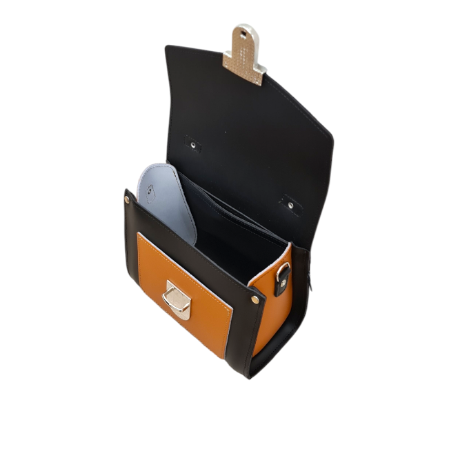 Handmade Leather Two Tone Sugarcube Handbag in Black and Burnt Orange