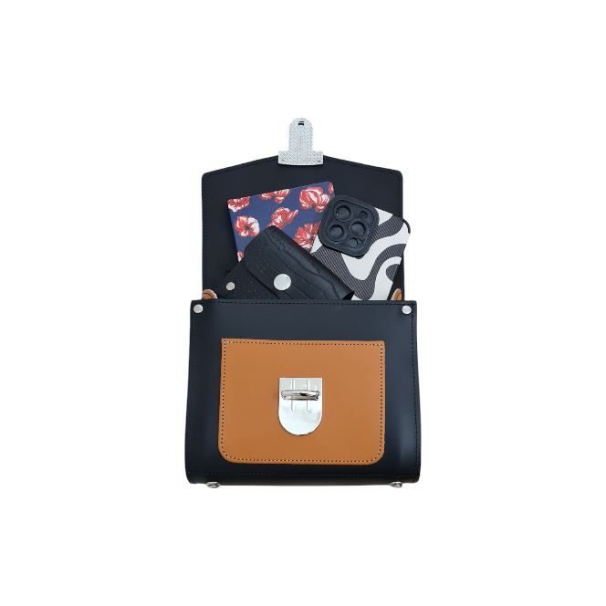 Handmade Leather Two Tone Sugarcube Handbag in Black and Burnt Orange