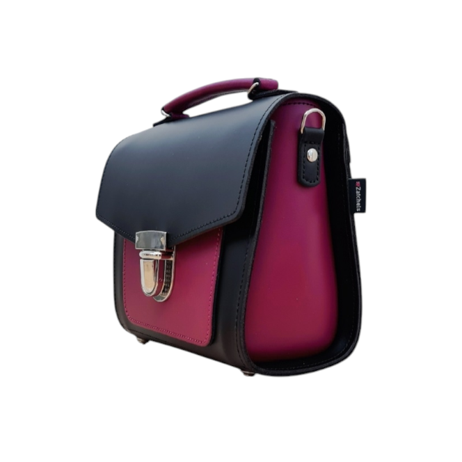 Handmade Leather Two Tone Sugarcube Handbag Black and Magenta