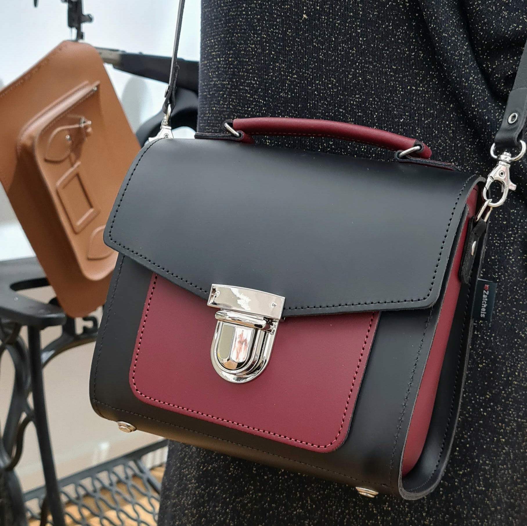 Handmade Leather Two Tone Sugarcube Handbag Black Oxblood