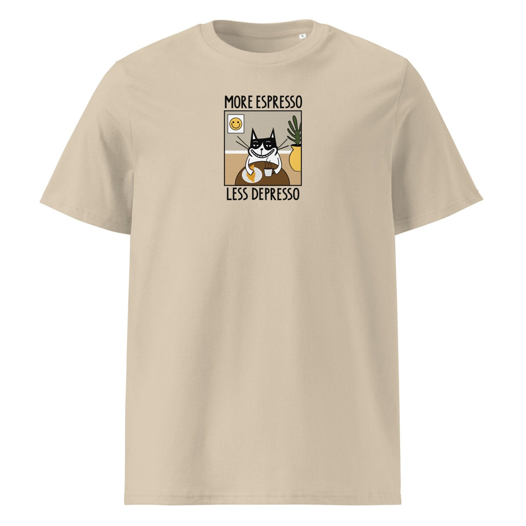 practical fit of the more espresso less depresso unisex tee on a table with shipping label