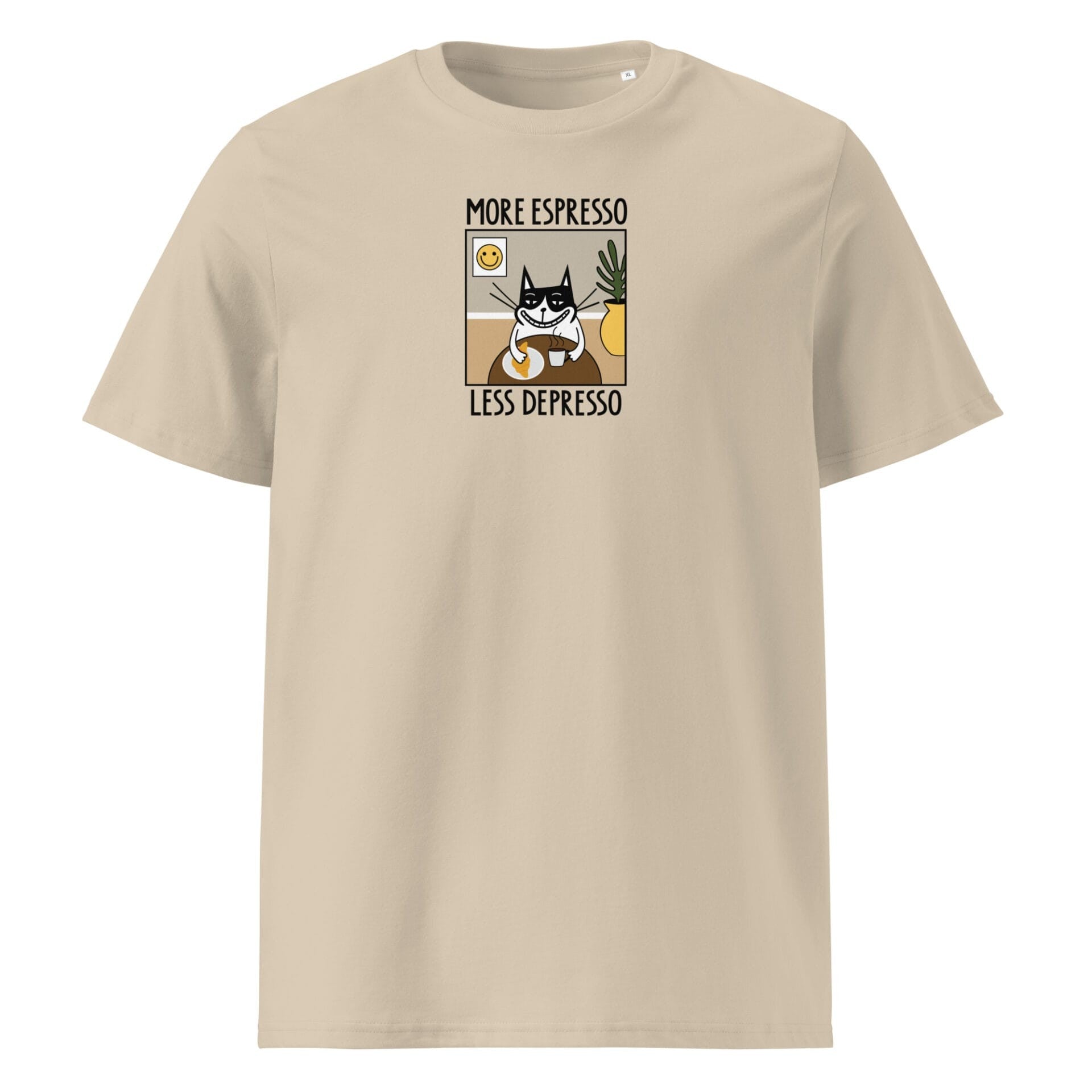 practical fit of the more espresso less depresso unisex tee on a table with shipping label