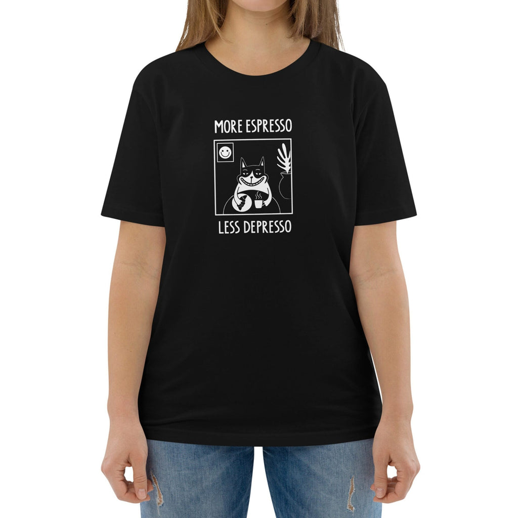 soft organic cotton more espresso less depresso tee in warm morning light