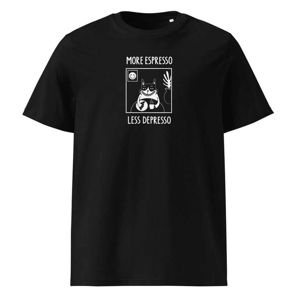 a woman laughing while wearing the more espresso less depresso shirt in a sunlit cafe