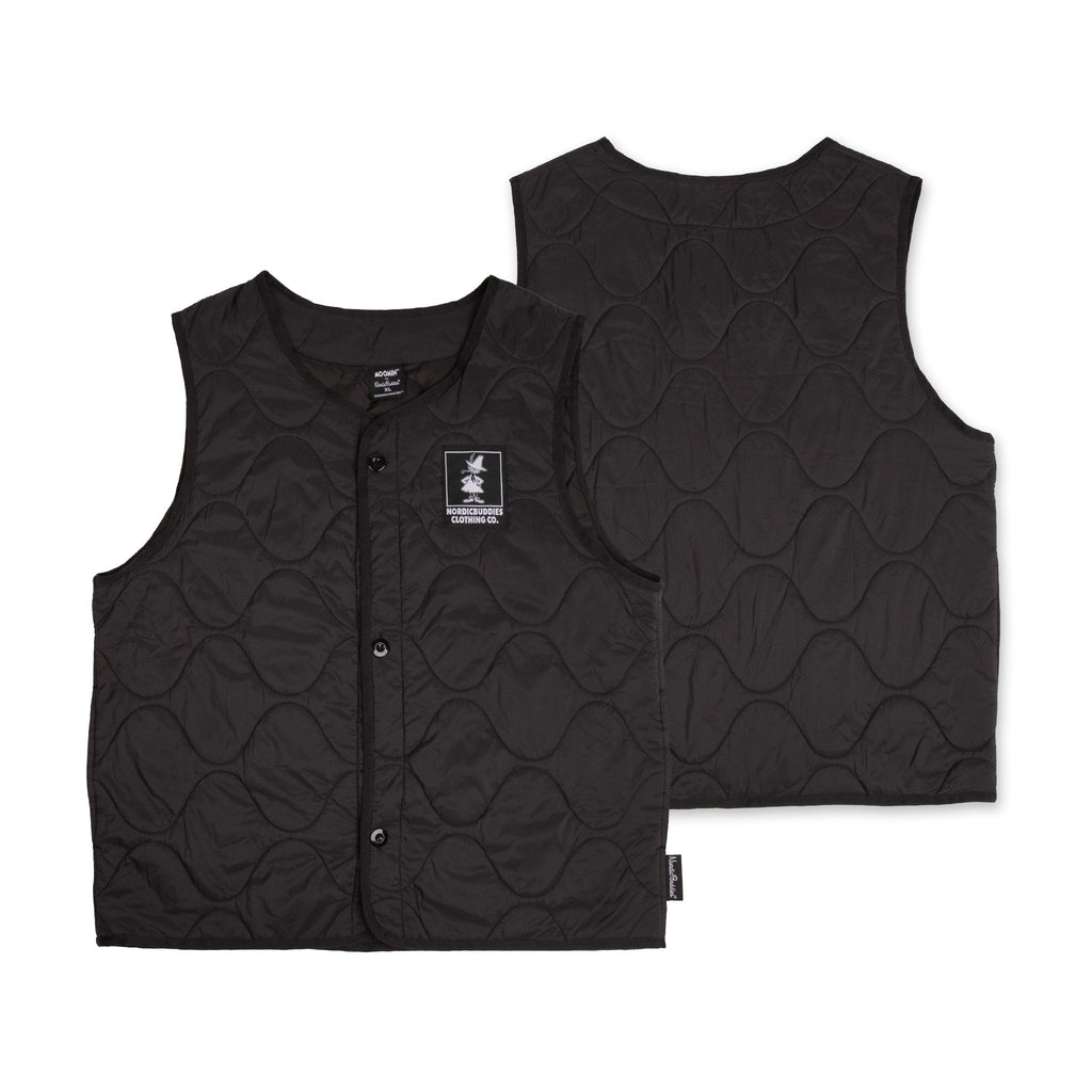 playful snufkin fishing vest in black, worn while laughing on a sunny riverbank adventure