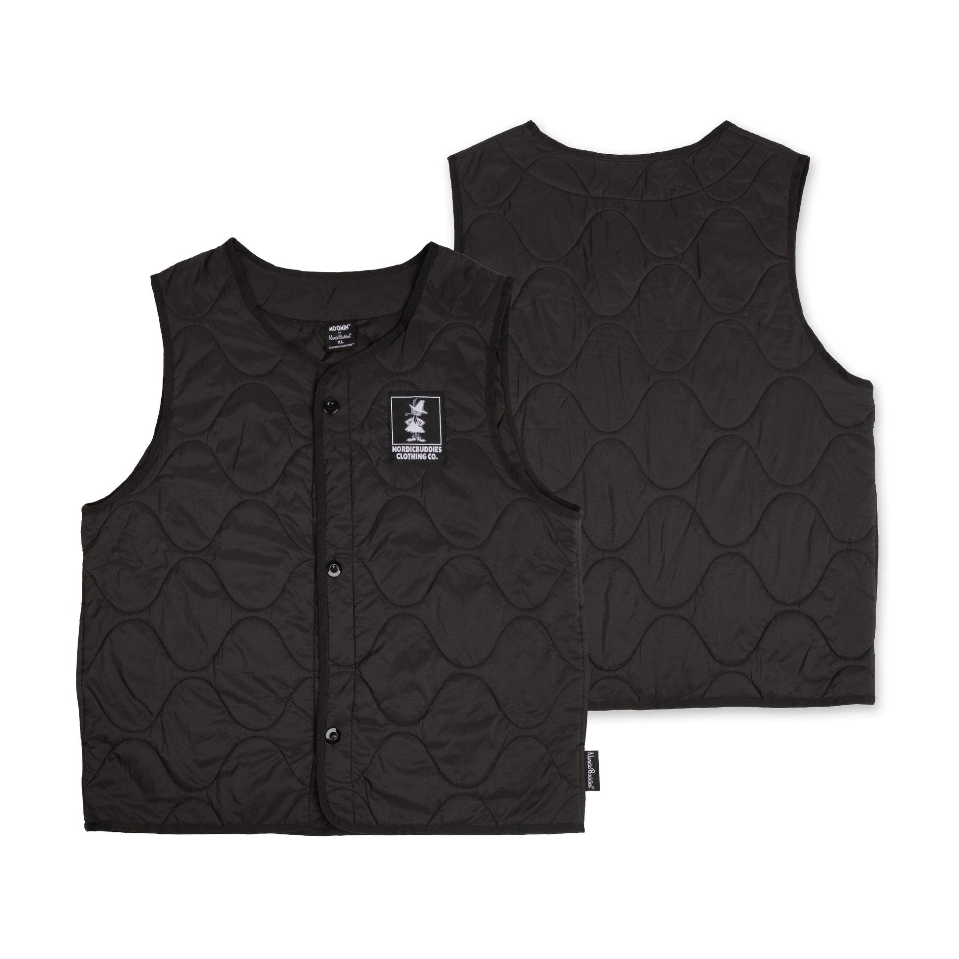 playful snufkin fishing vest in black, worn while laughing on a sunny riverbank adventure
