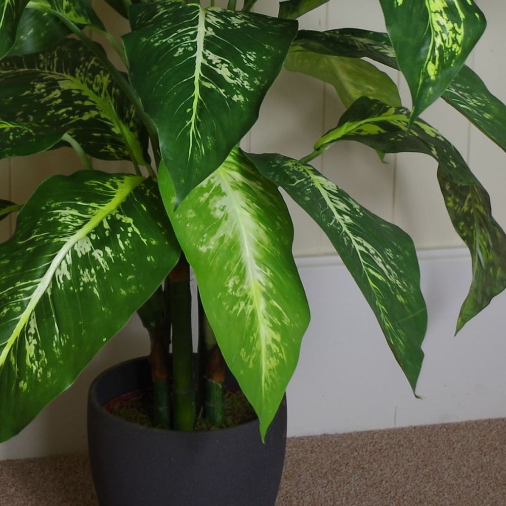 100cm Large Spotted Evergreen Artificial Plant with Silver Metal Planter