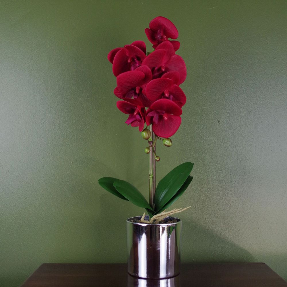 Red Orchid Artificial Plant 46cm with Silver Pot