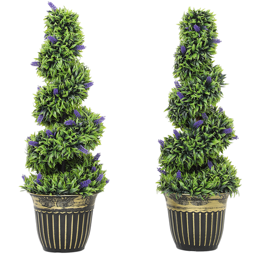 Set of 2 Spiral Boxwood and Lavender Artificial Plants 90cm