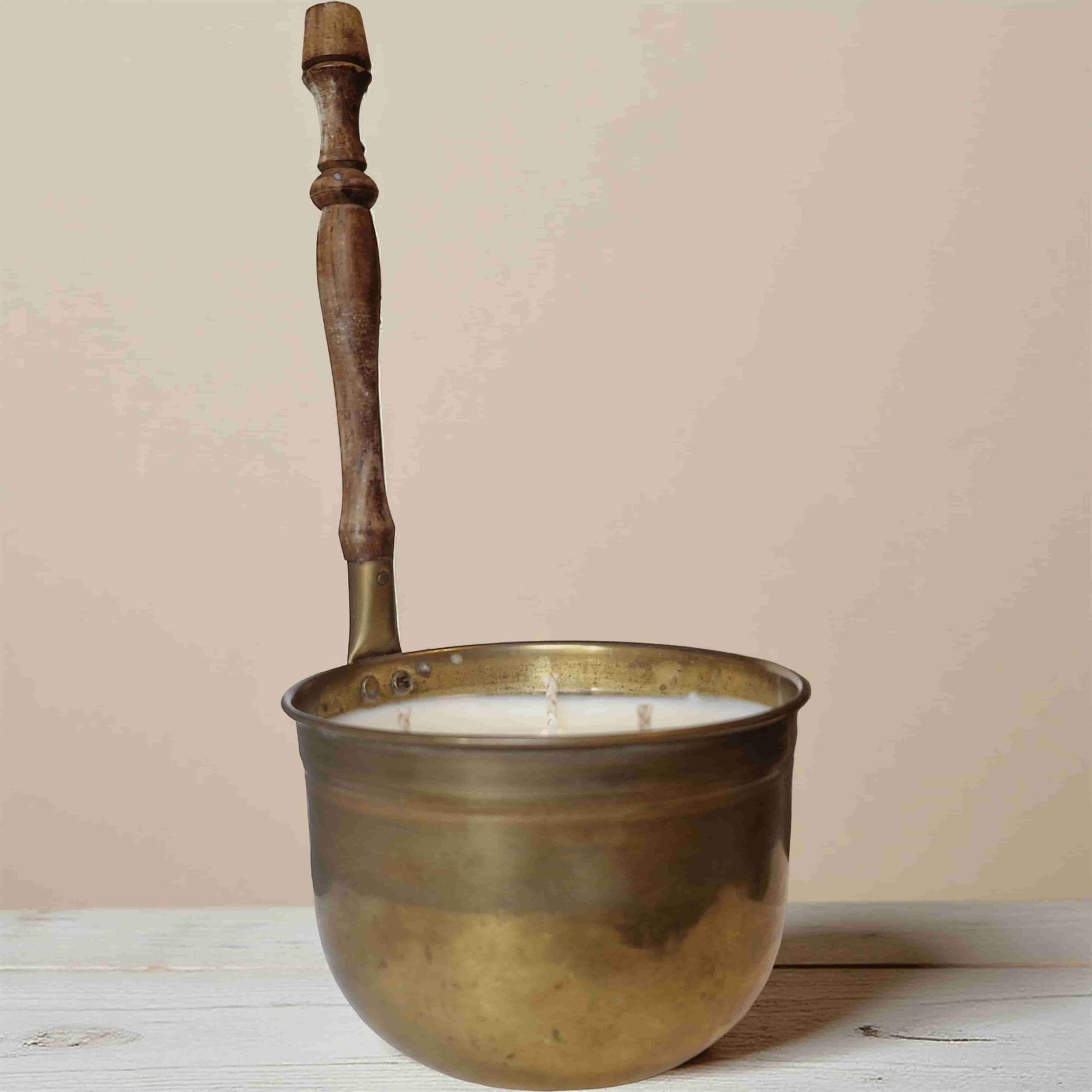 Vintage Copper Pot Candles with Wooden Handles