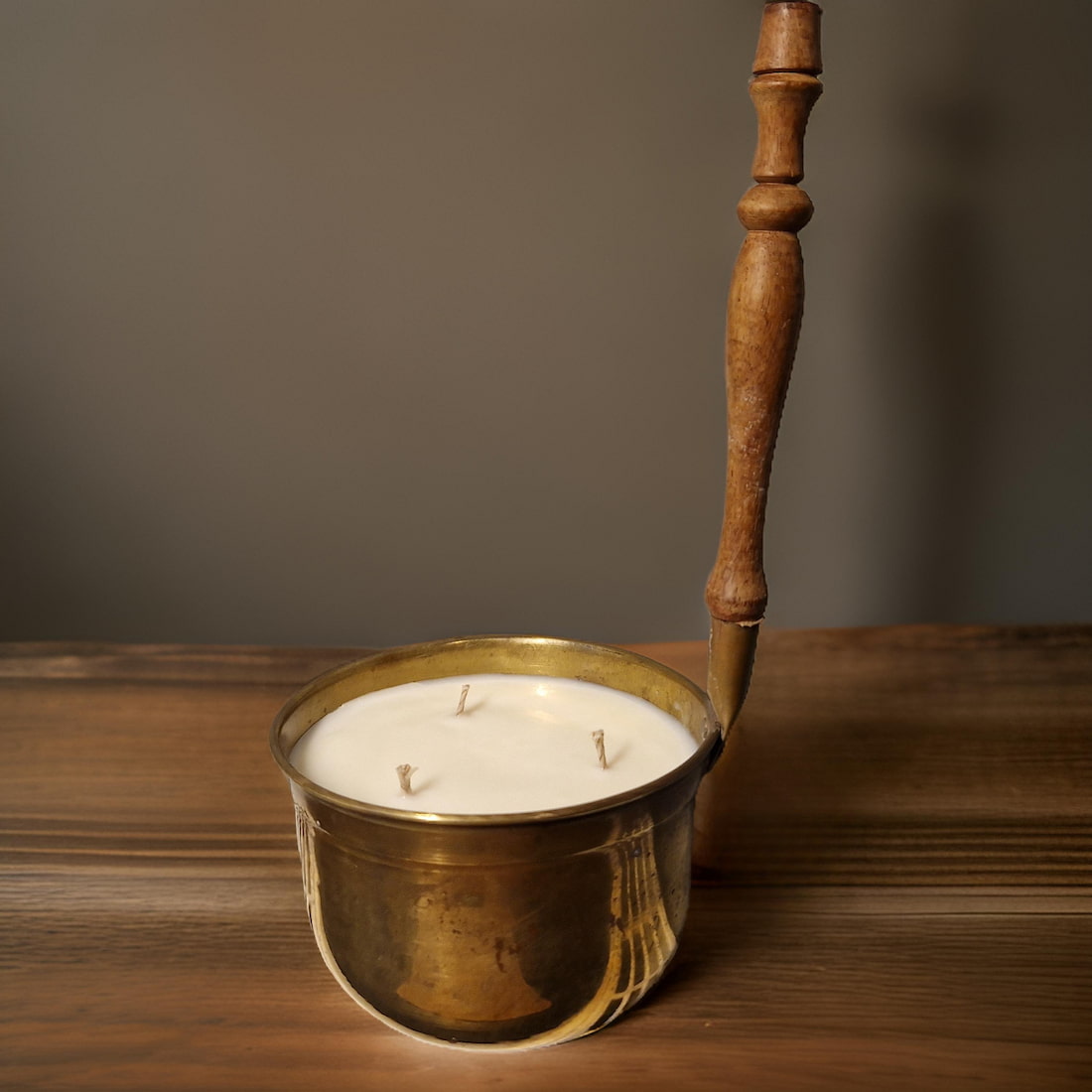 Vintage Copper Pot Candles with Wooden Handles
