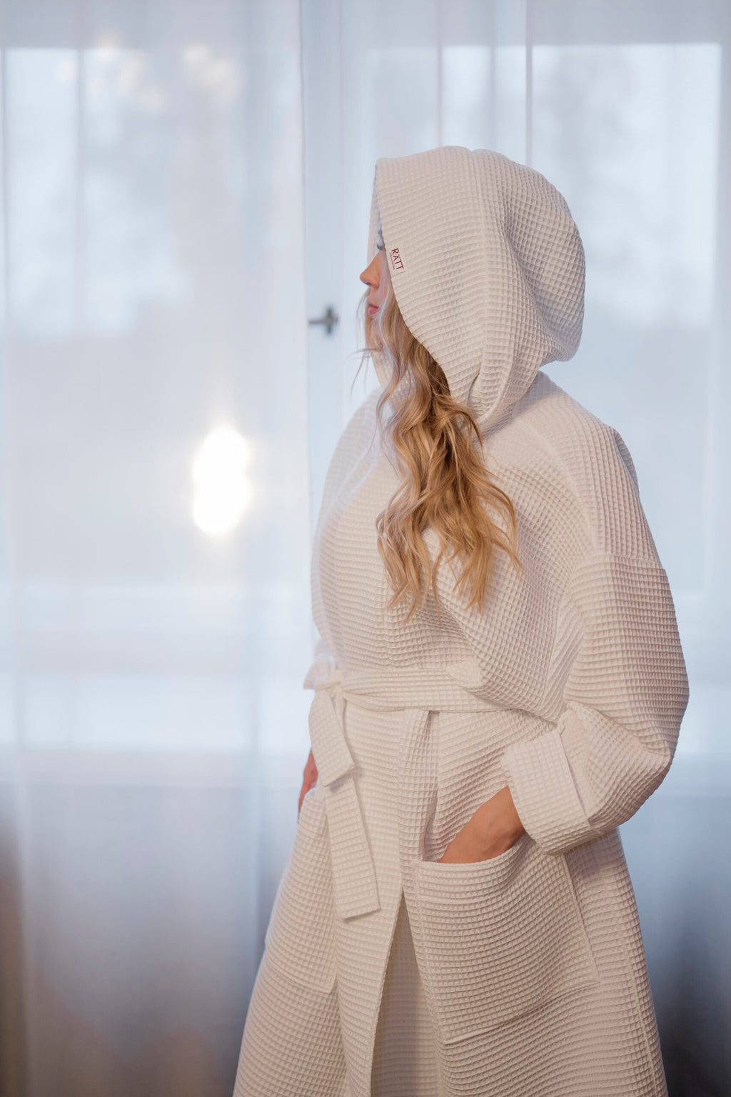 Waffle Cotton UNISEX Robe with Hood - White