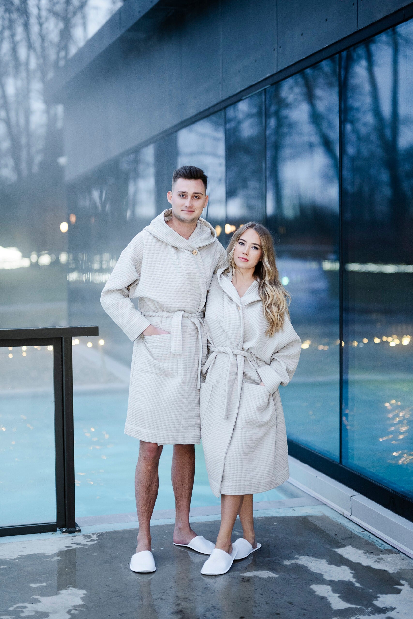 Waffle Cotton UNISEX Robe with Hood - White