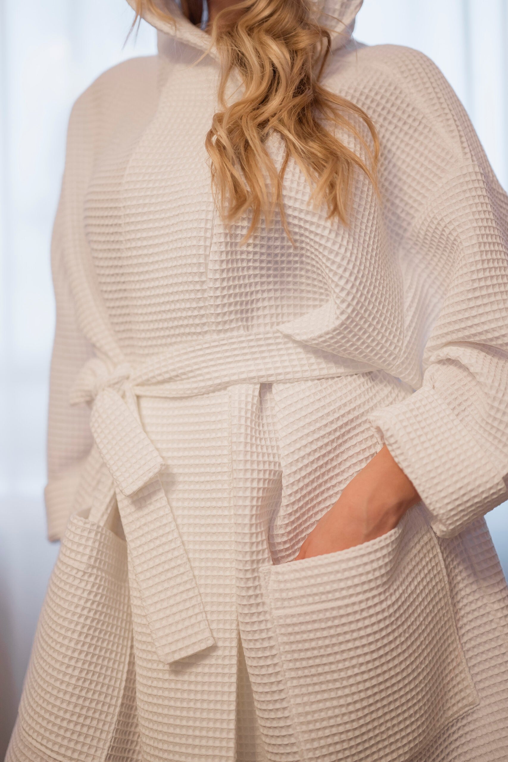 Waffle Cotton UNISEX Robe with Hood - White