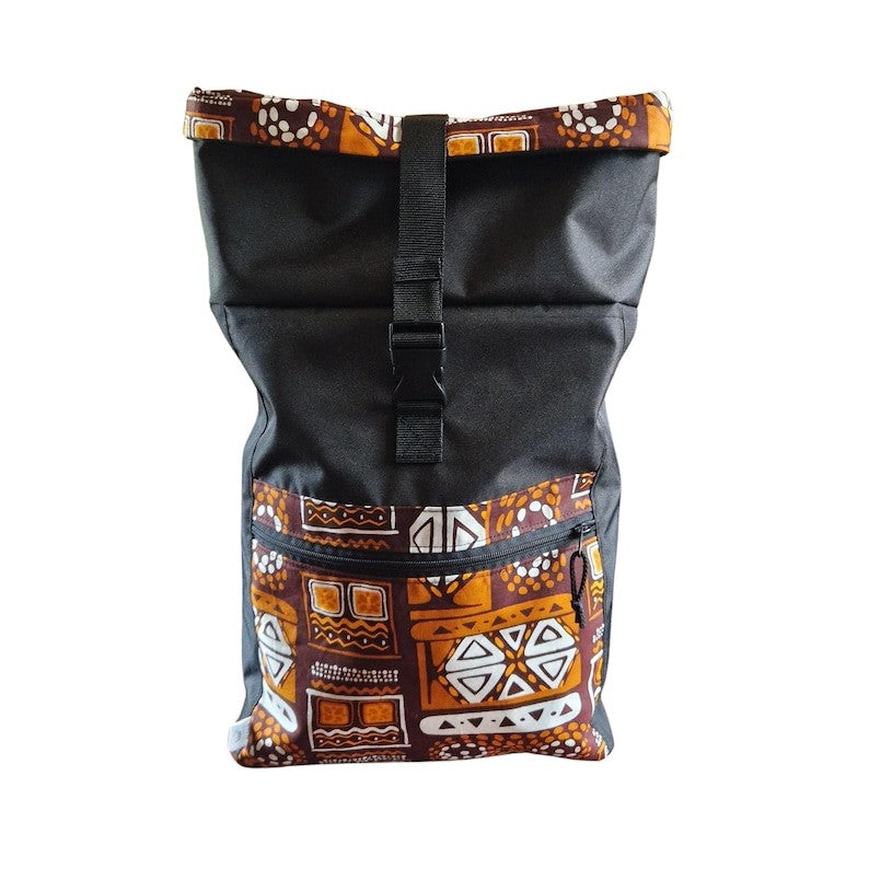 elegant waterproof rolltop backpack in a vibrant orange pattern, showcasing its refined handmade craftsmanship