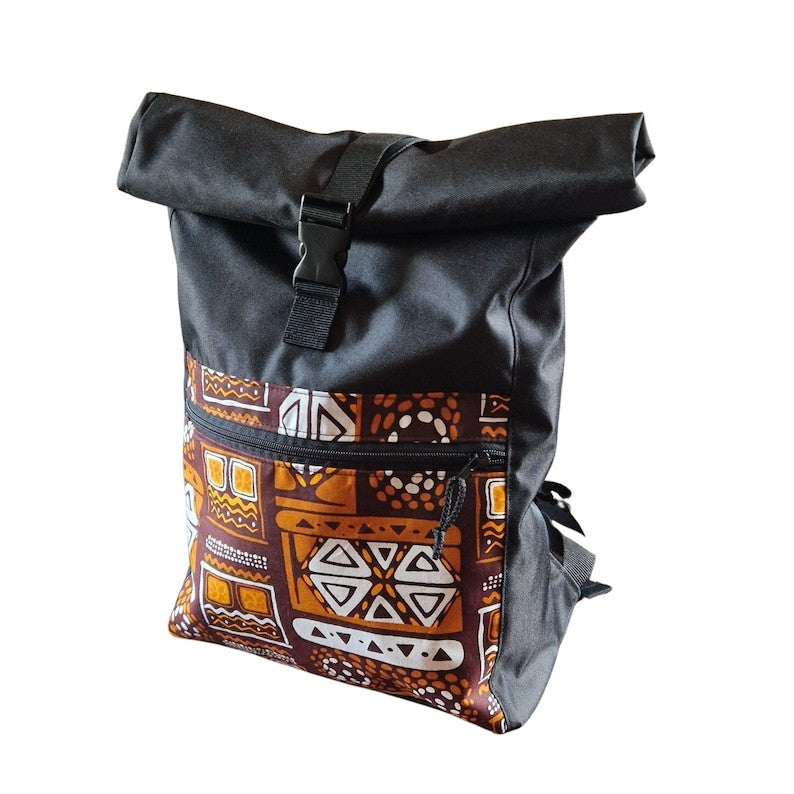 close-up of the waterproof rolltop backpack's vibrant orange pattern and cotton fabric texture