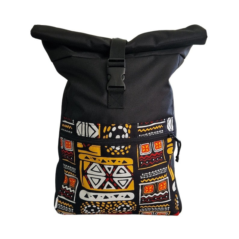 side view of a yellow patterned waterproof backpack with the rolltop open, showing its spacious interior