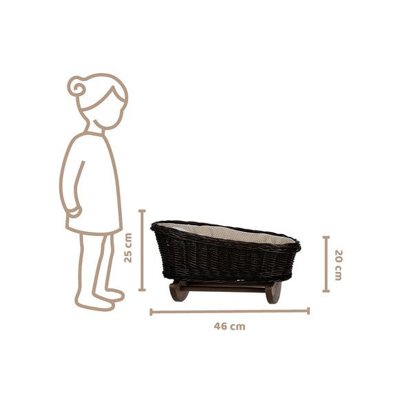 practical wicker doll cradle with beige bedding, shown from a side angle to highlight its sturdy construction and gentle rockers