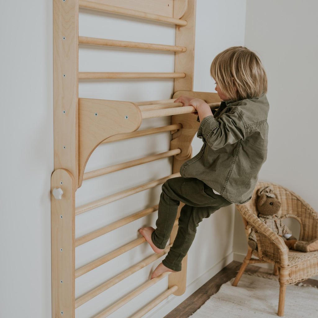 a bold, low-angle shot of the pikler triangle climber, showcasing its sturdy birch frame and climbing wall